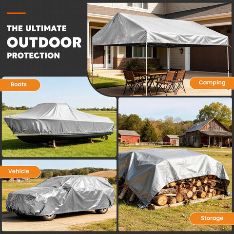 Keten tarps protecting roof or boat from rain and debris