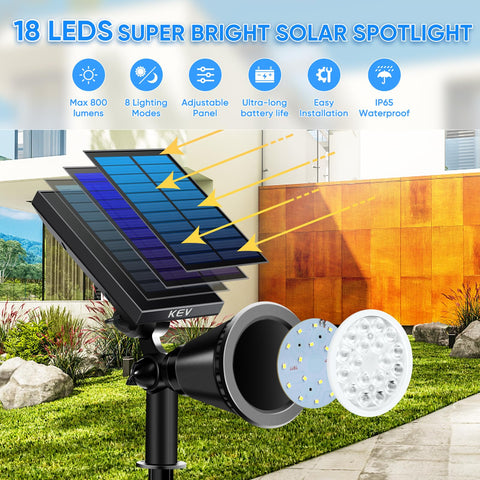 KEV 18 LEDs solar flood light brightening a backyard landscape