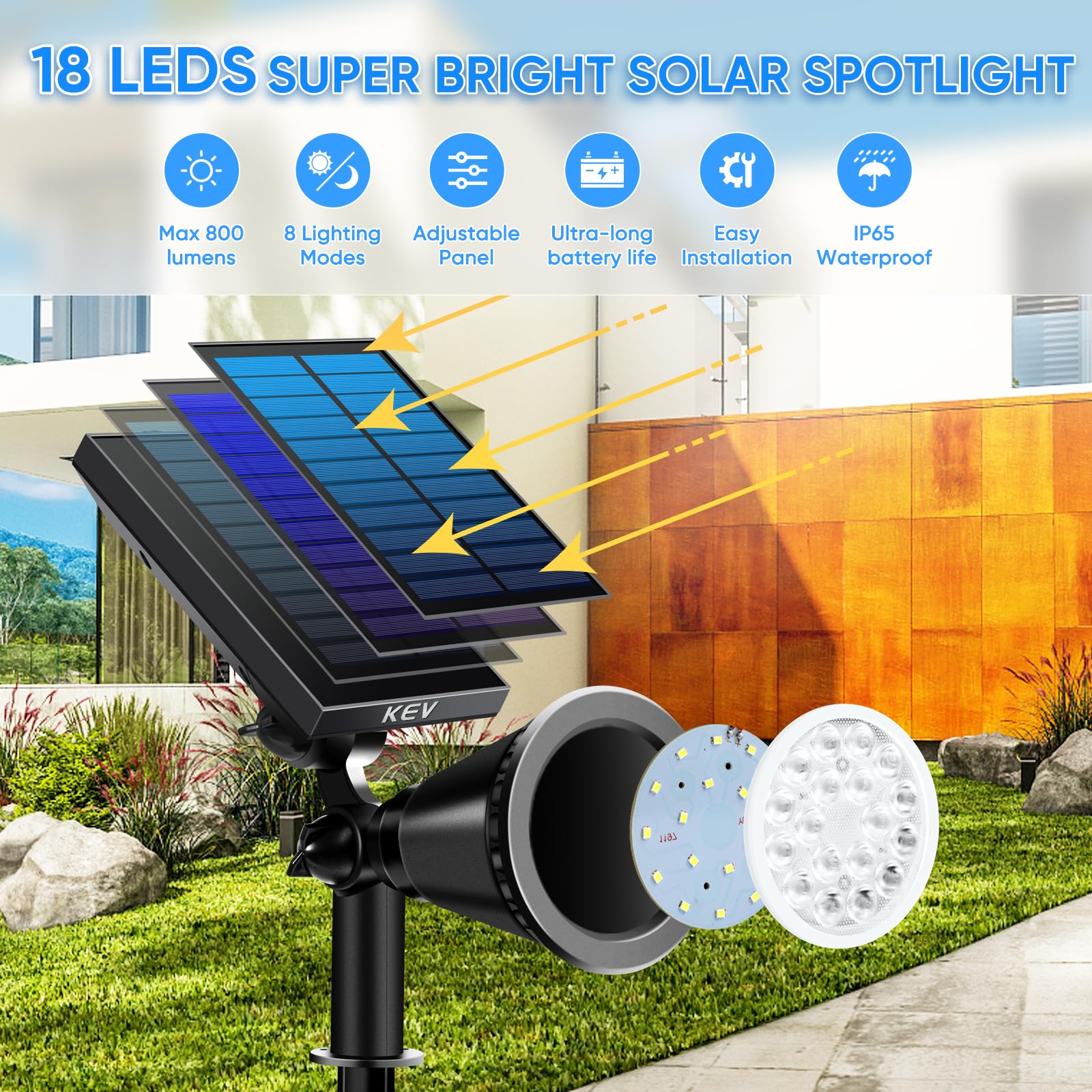 KEV solar spot lights showcasing eight lighting modes for landscape accents