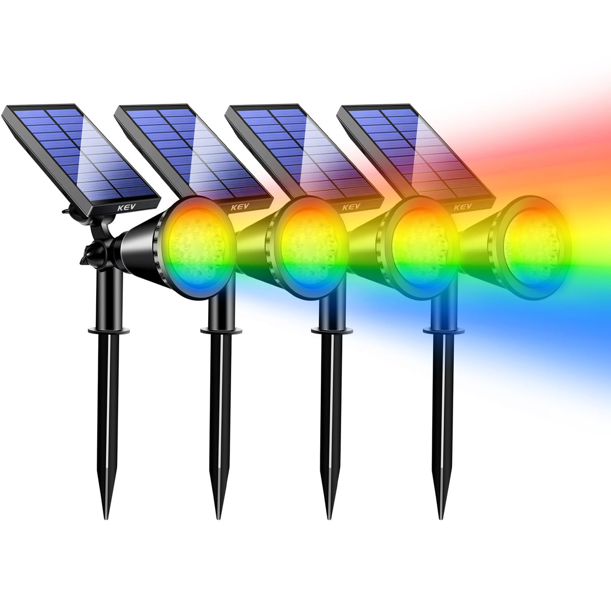 KEV solar spot lights outdoor with 18 LEDs illuminating a driveway at dusk