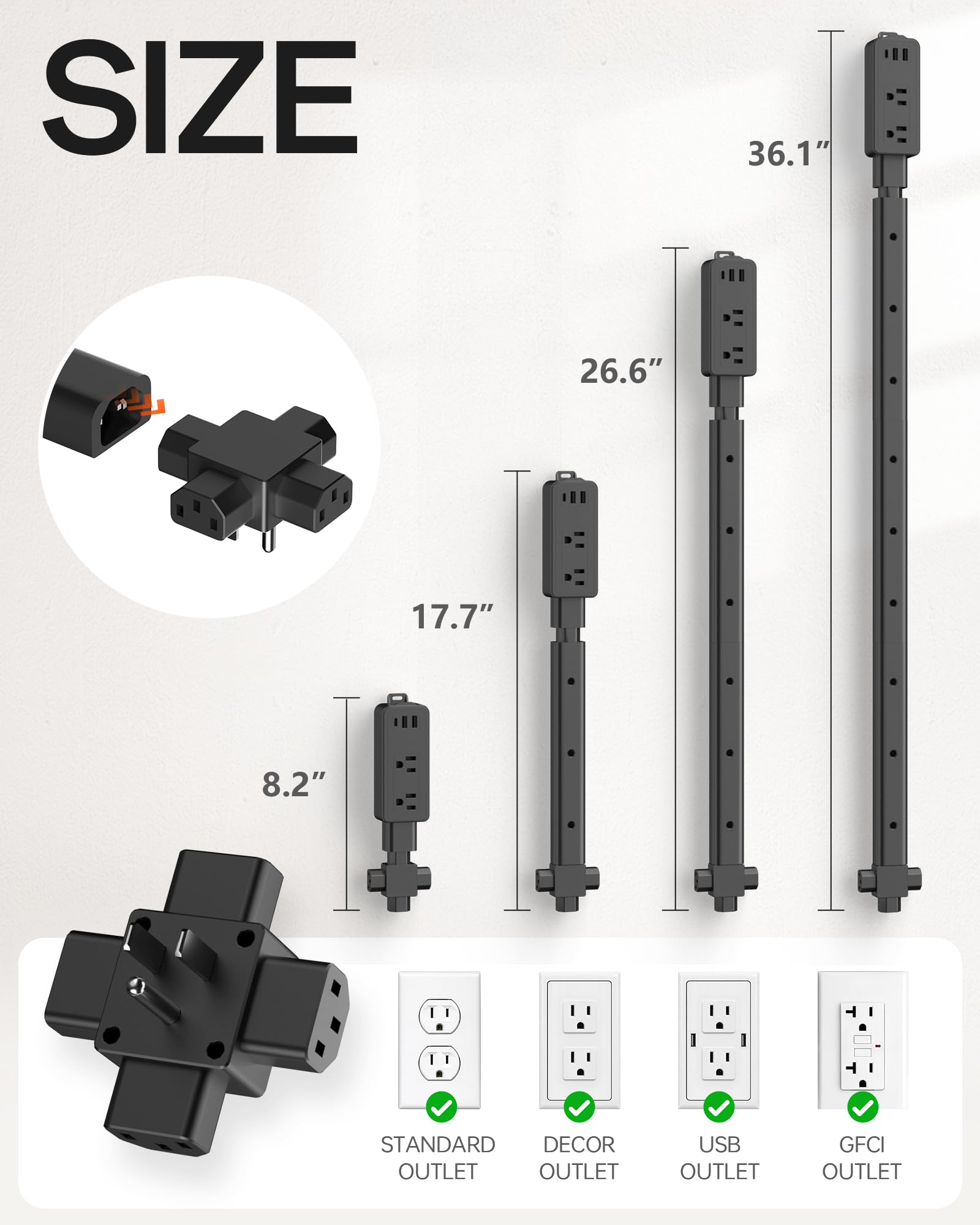 Keway extender shown at multiple lengths for flexible placement behind furniture.