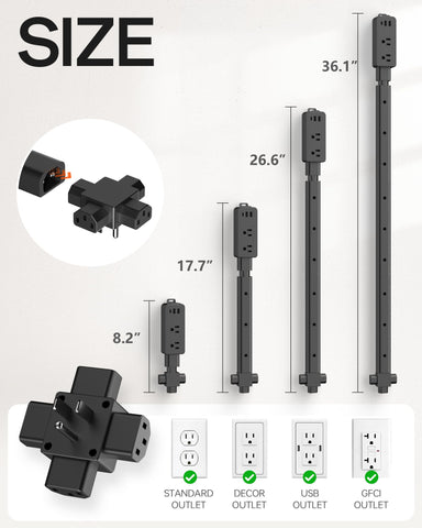 Keway extender shown at multiple lengths for flexible placement behind furniture.