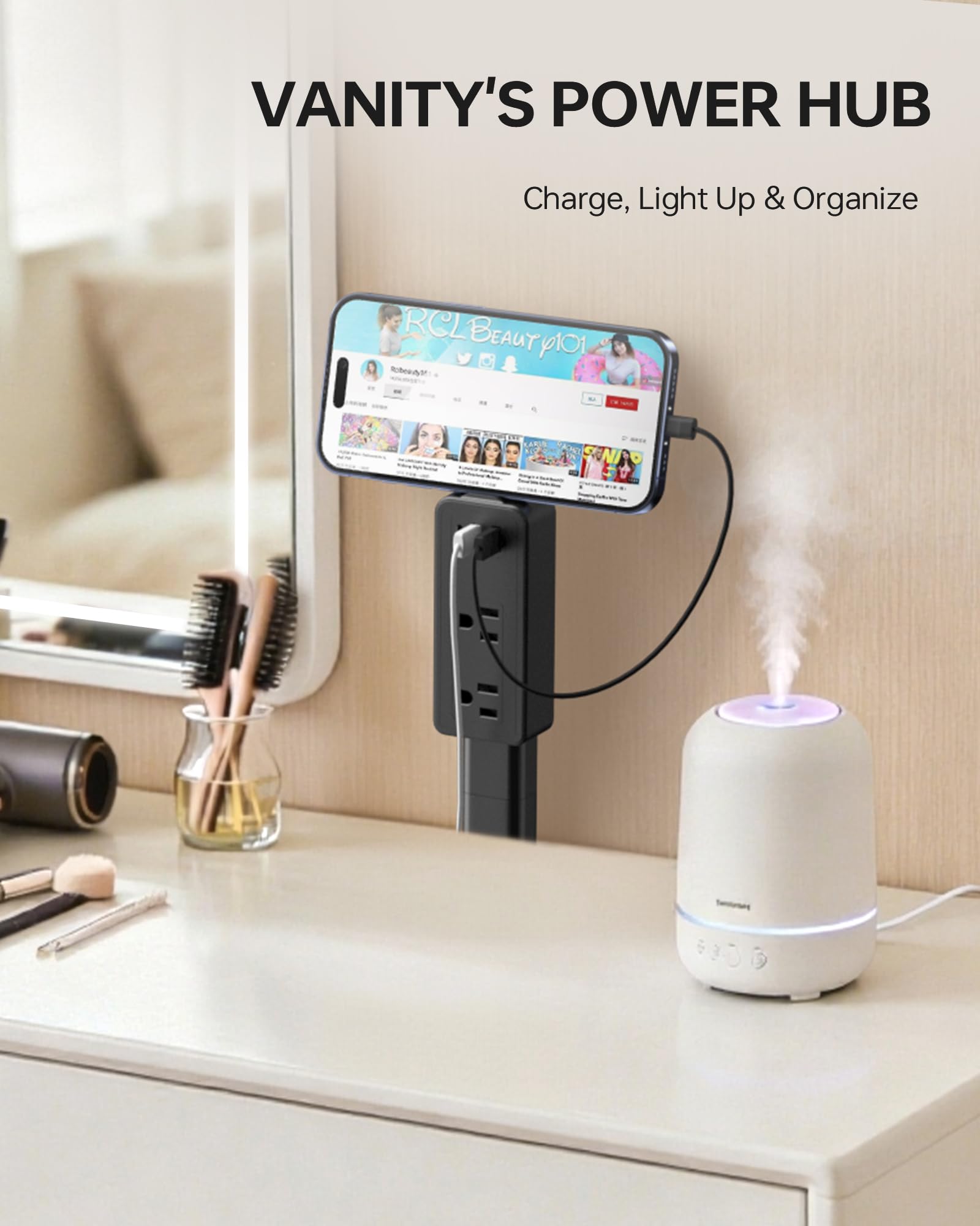 Keway extender showing two AC outlets and USB ports for charging devices.