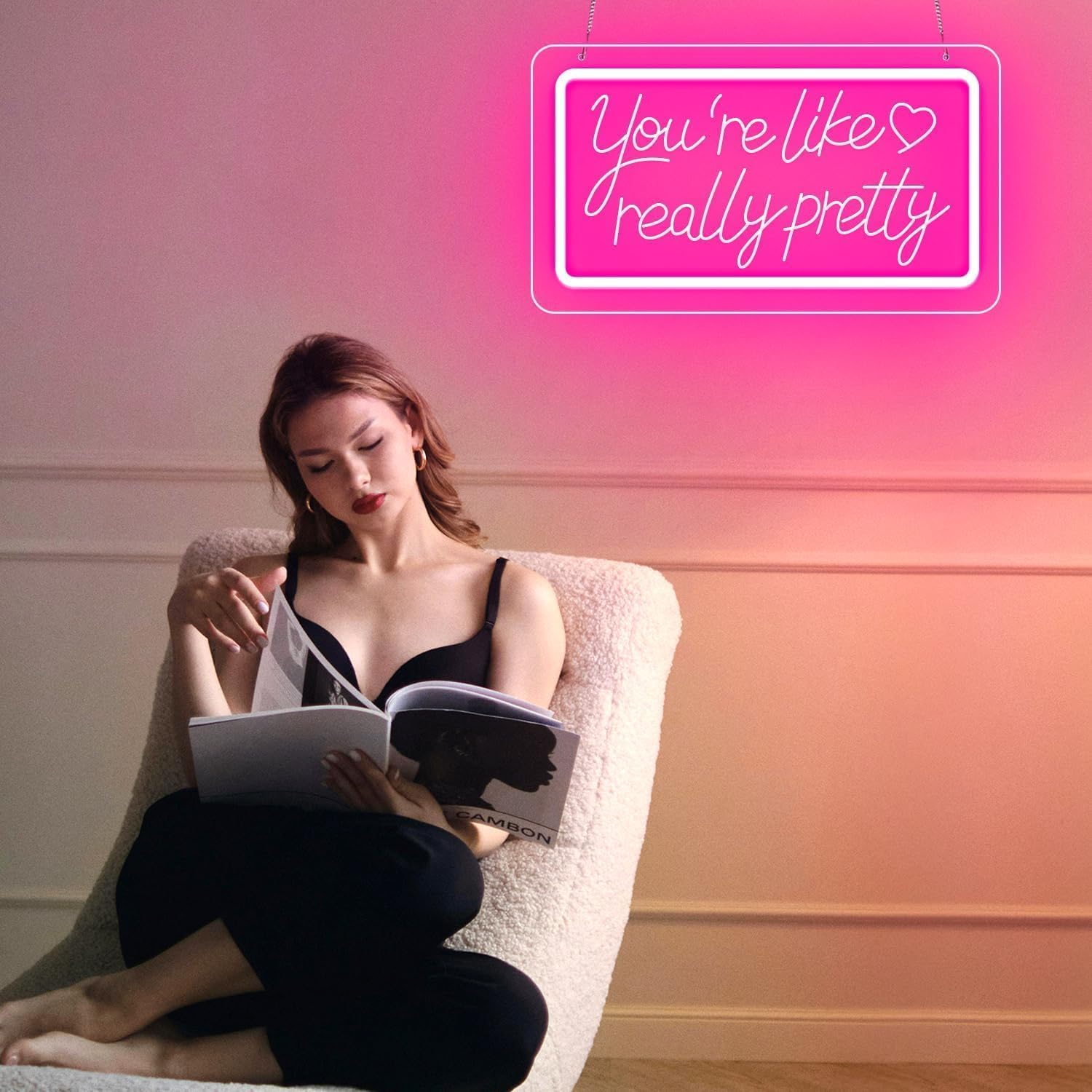 KeyDoors USB-powered dimmable neon sign suitable for photos and desk lighting.