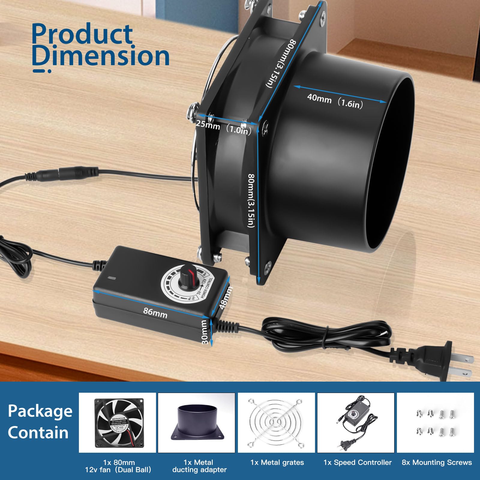 KEYFANCLUB 12V DC power adapter provides reliable plug‑in power.