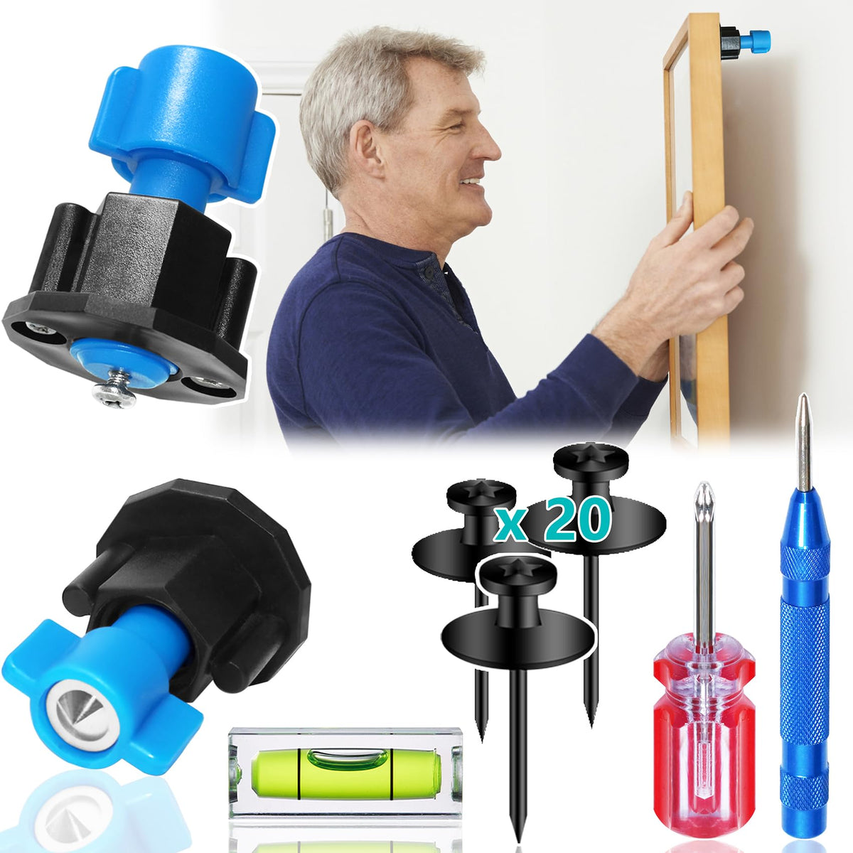 Keyhole Marker all-in-one hanging kit with level for precise wall alignment.