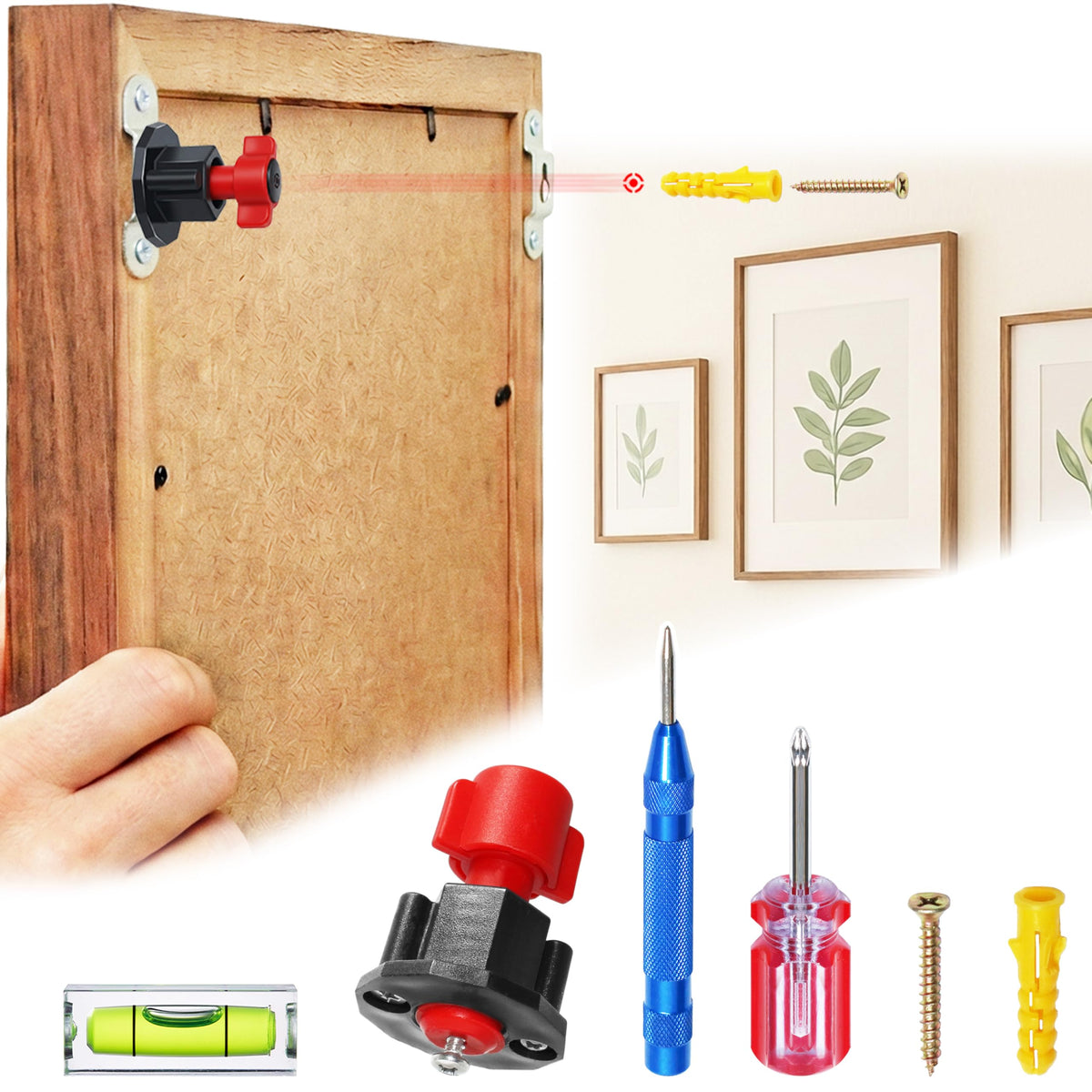 Keyhole Marker red ink mark tool demonstrates precise wall marks for quick, accurate frame hanging