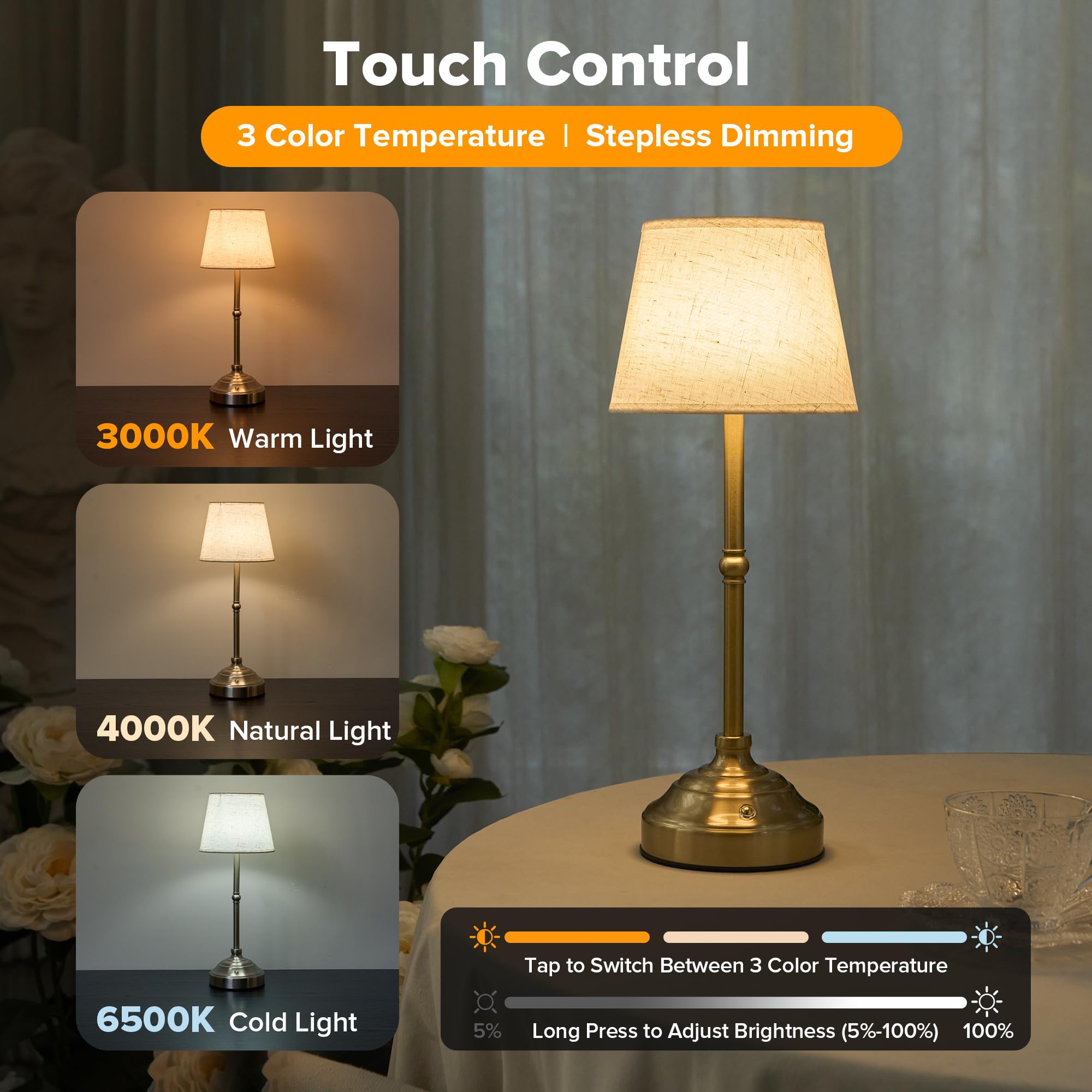 side view of keysays cordless table lamp with brushed gold body