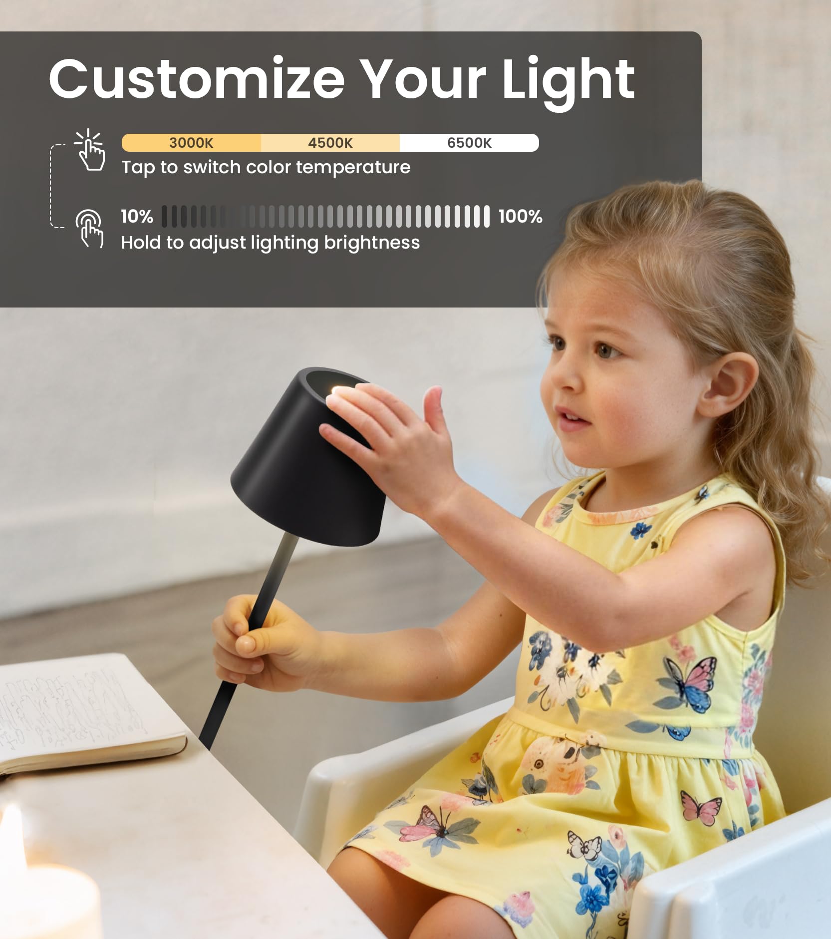 Keysays cordless table lamp with stepless dimming for precise brightness control.