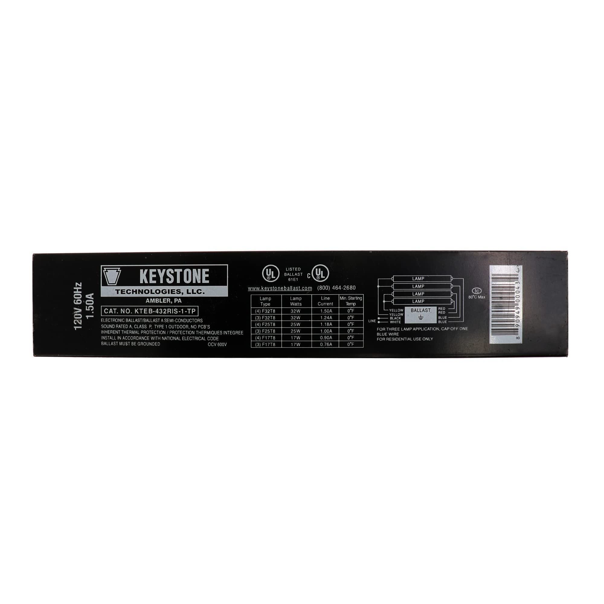Keystone KTEB-432RIS-1 ballast for four T8 lamps, instant start for home lighting.