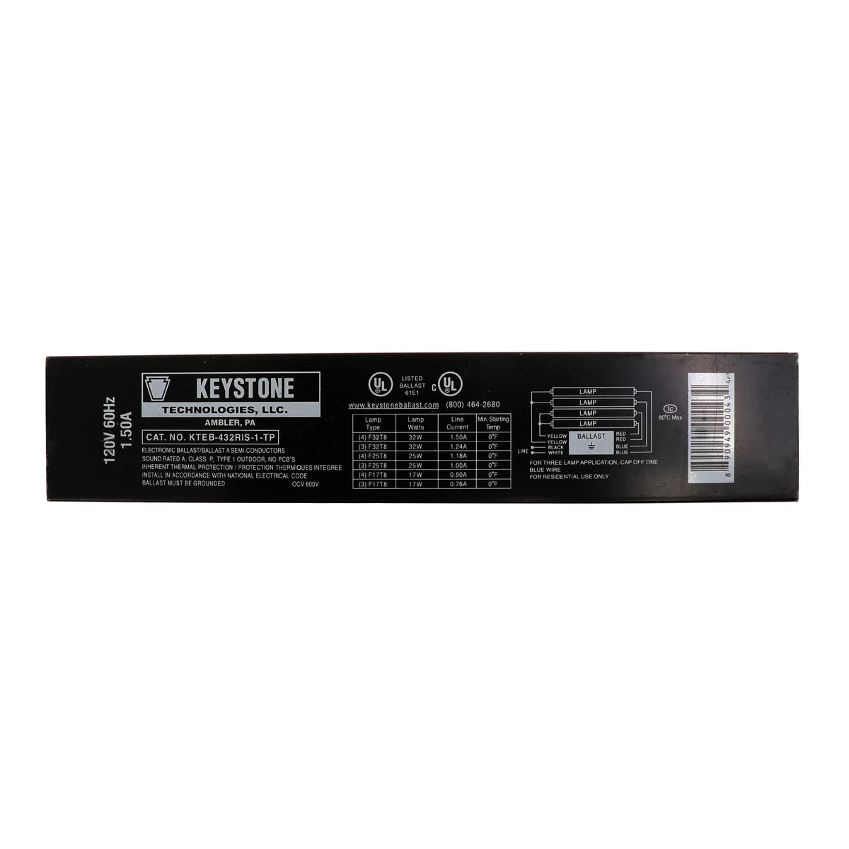 Keystone KTEB-432RIS-1 ballast for four T8 lamps, instant start for home lighting.