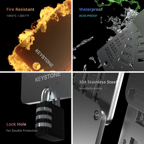 Keystone metal wallet backup system emphasizes steel resilience for seed storage.
