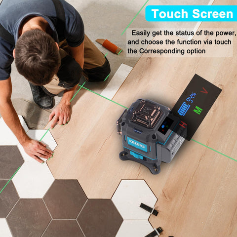 KEZERS Laser Level 360 LCD display shows battery status and mode selection.