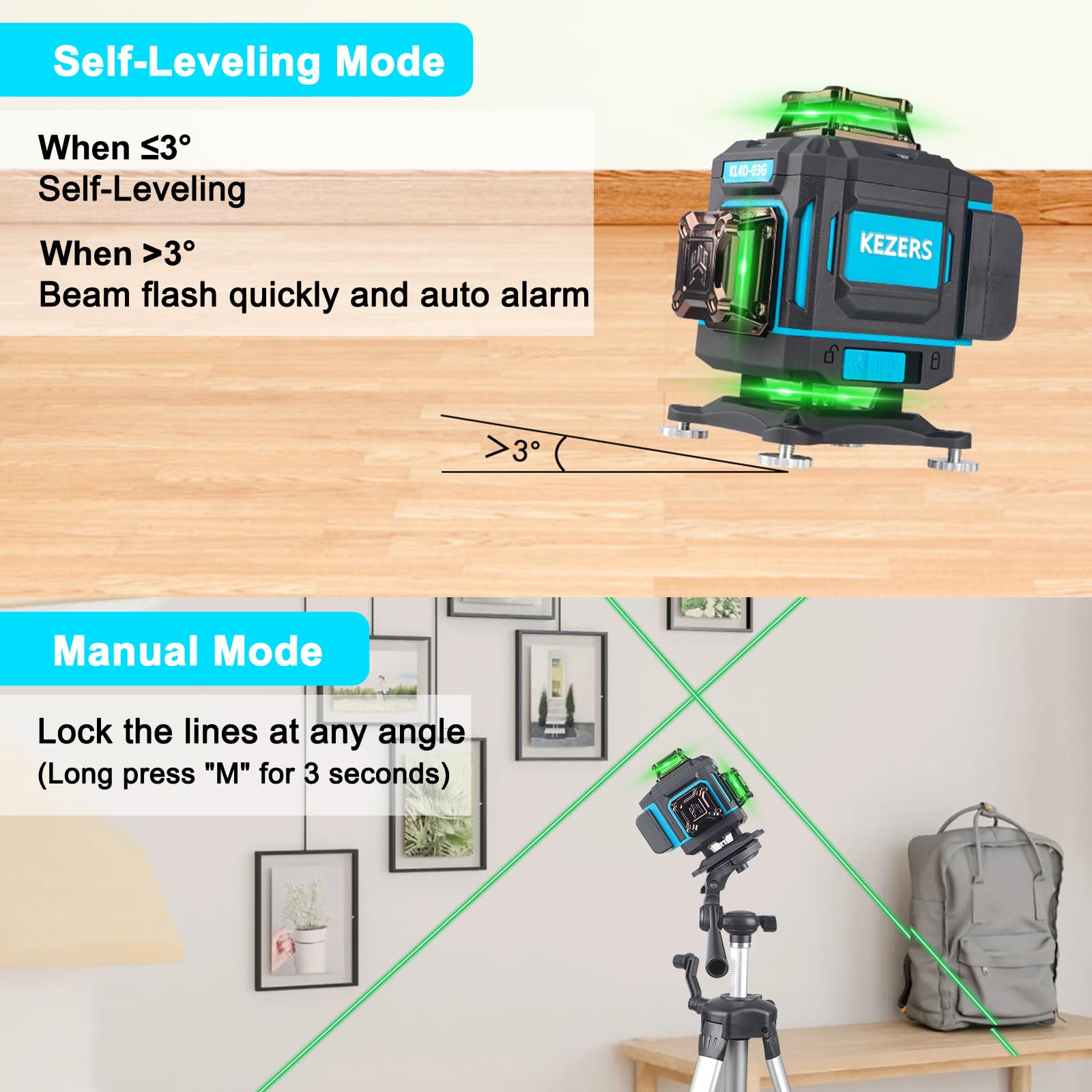 KEZERS Laser Level 360 lines provide precise tiling and hanging guidance.