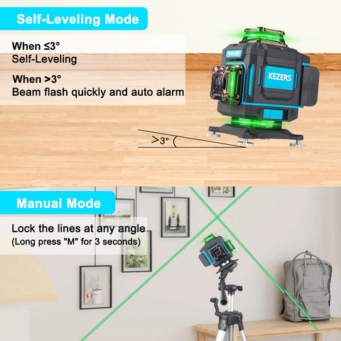 KEZERS Laser Level 360 lines provide precise tiling and hanging guidance.