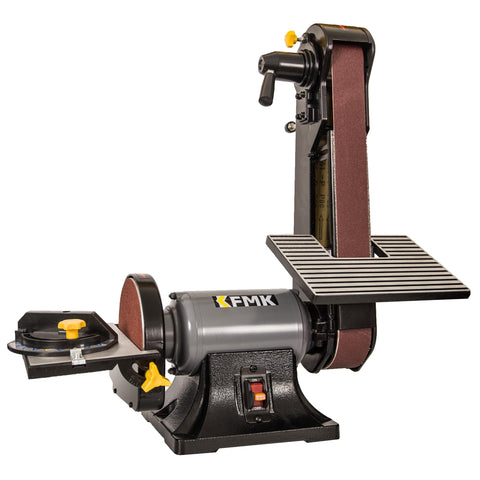 KFMK 2x42 belt sander on a sturdy worktable enabling precise stock shaping.
