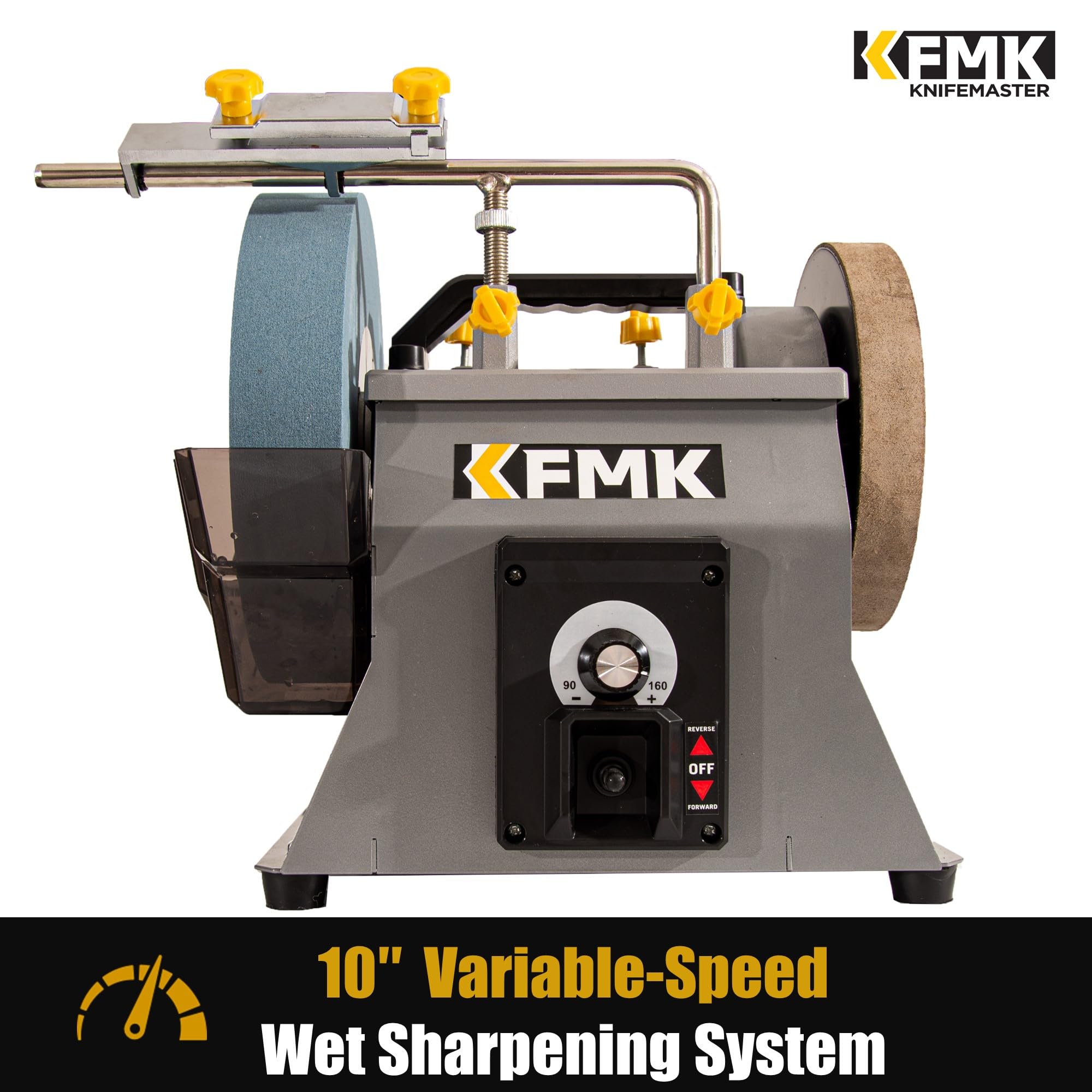 KFMK 8-inch leather strop wheel removes burrs for refined edges.