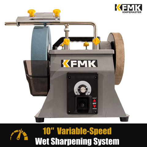 KFMK 8-inch leather strop wheel removes burrs for refined edges.