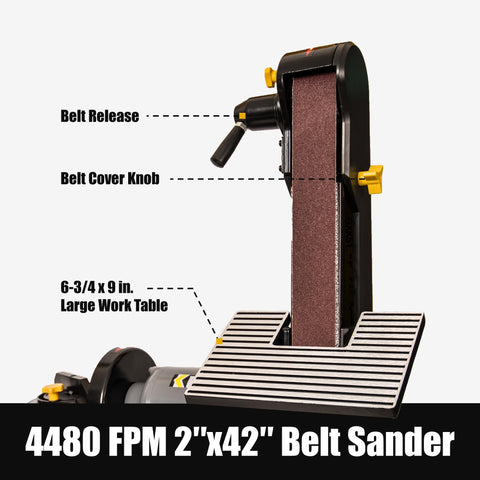 Belt sander set for vertical or horizontal positioning in a flexible workflow.