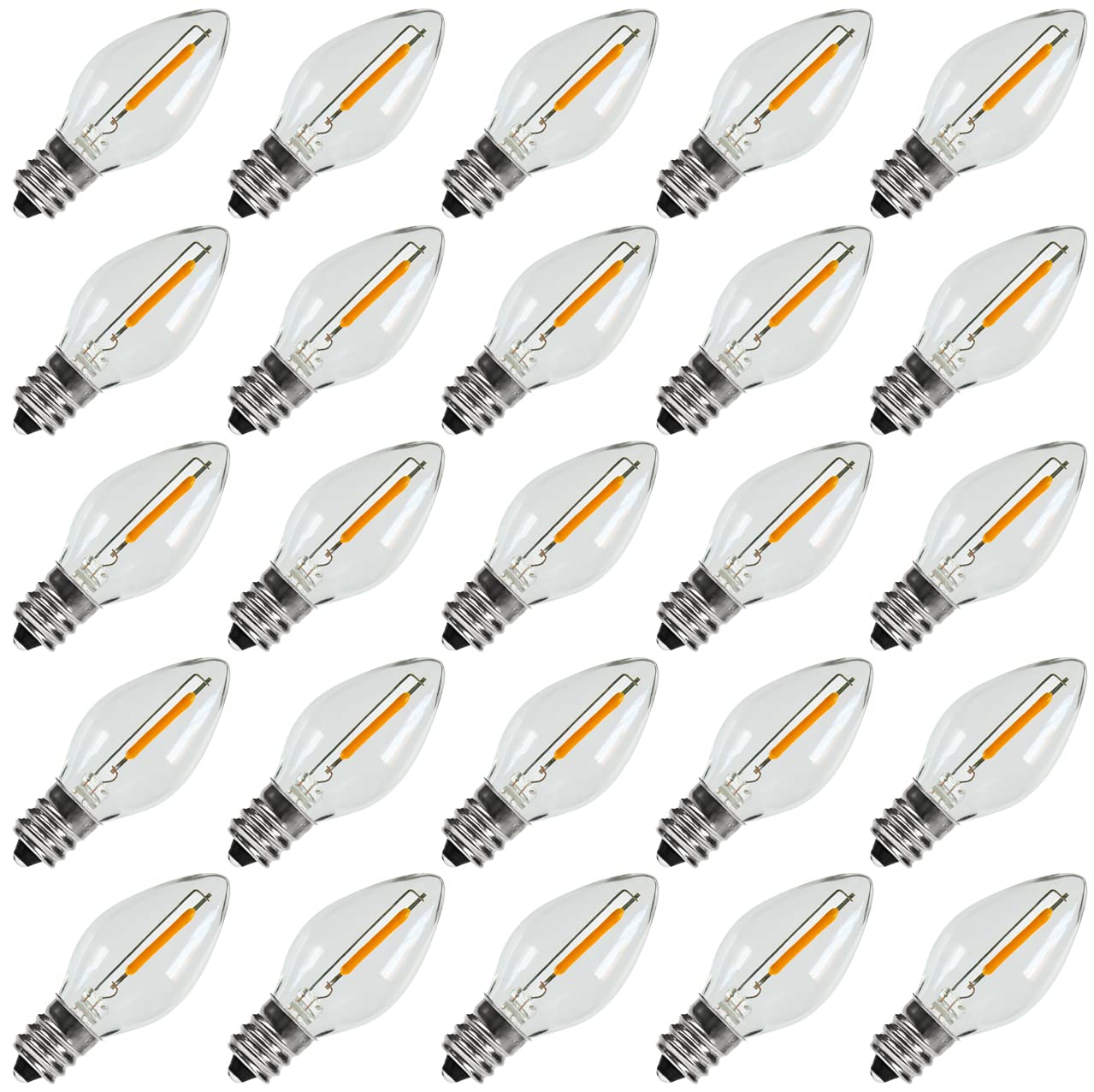 KGC C7 LED bulbs with clear plastic housing and warm 2200K glow for festive lighting