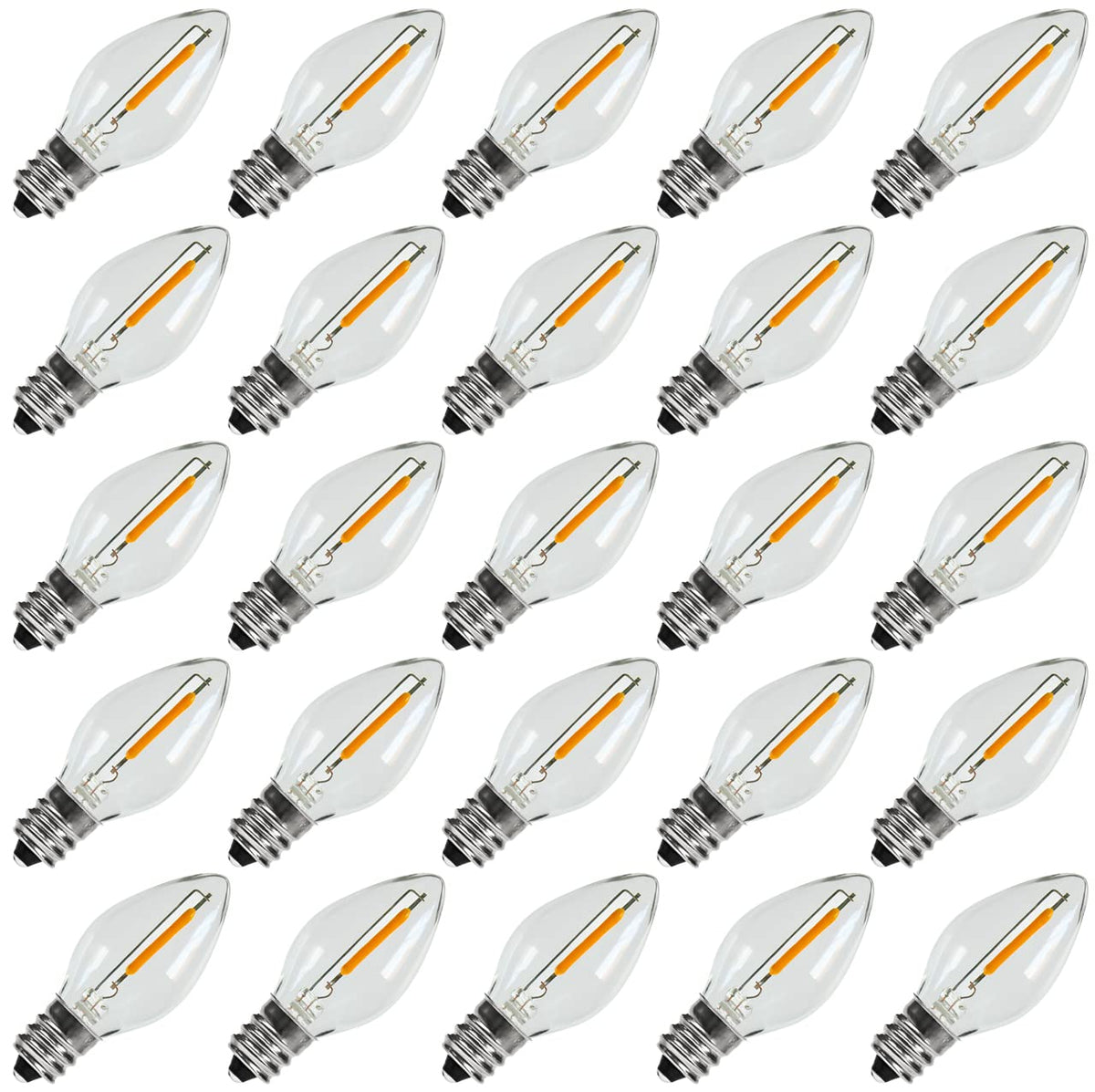 KGC C7 LED bulbs with clear plastic housing and warm 2200K glow for festive lighting