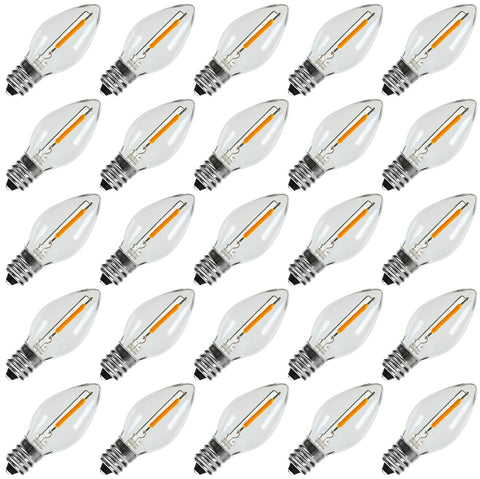 KGC C7 LED bulbs with clear plastic housing and warm 2200K glow for festive lighting