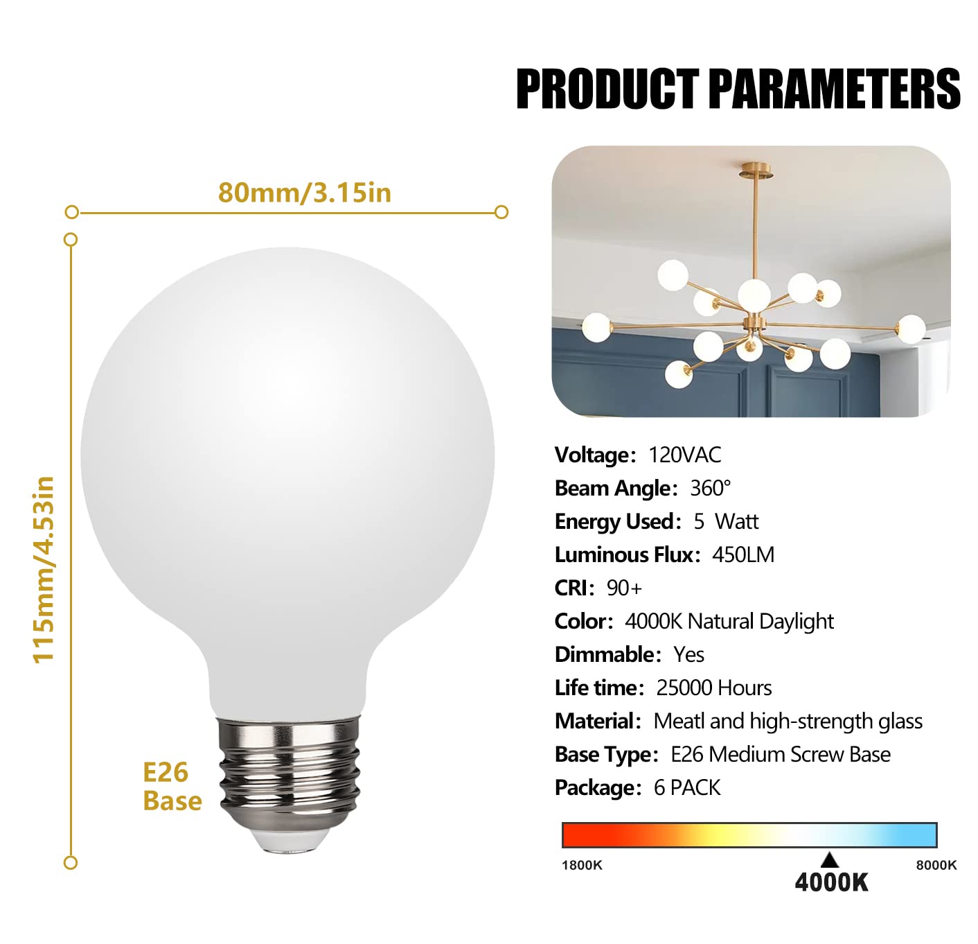 KGC LED Edison Globe Bulb, neutral white 4000K, high CRI for true colors.