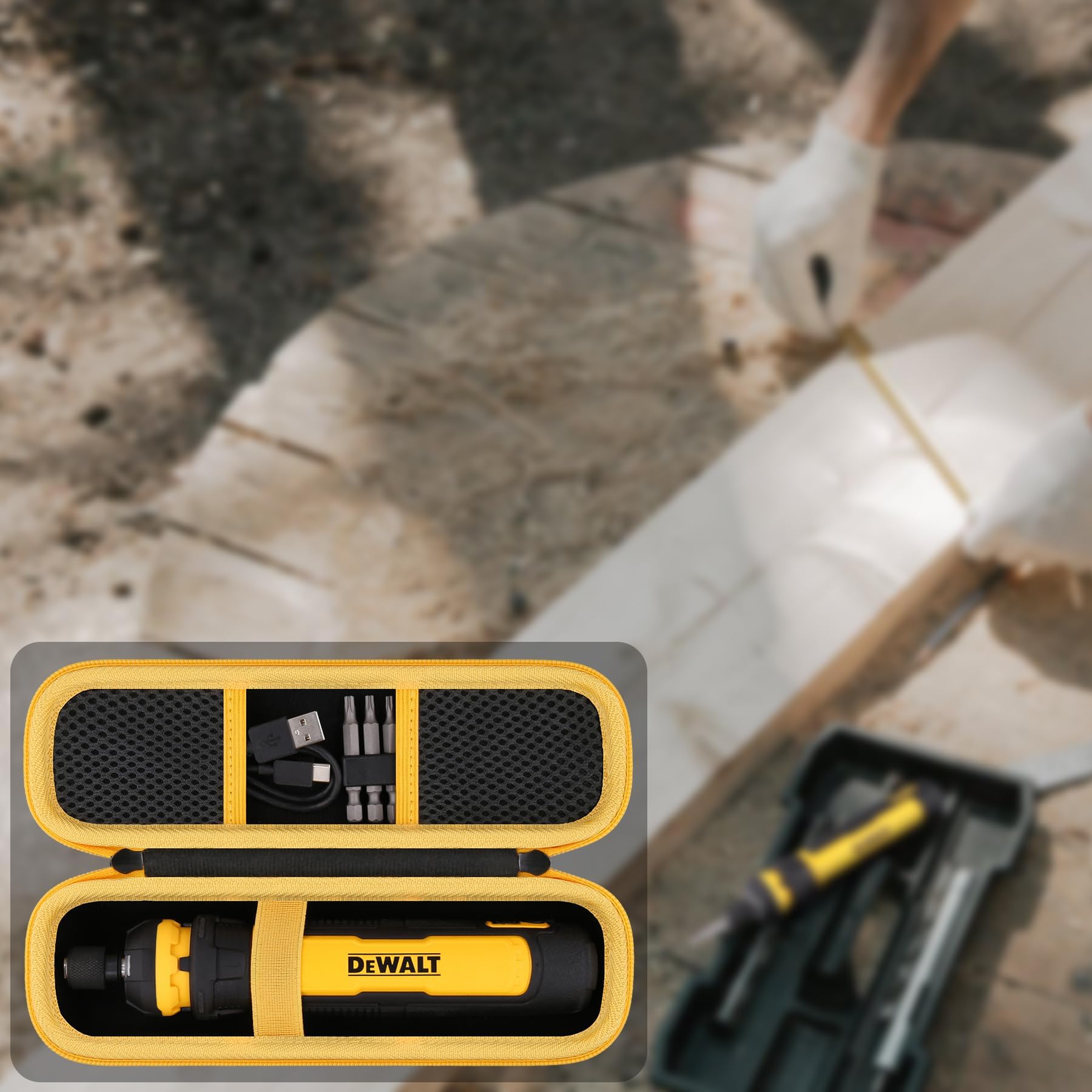 Khanka DEWALT case on a workbench ready for on-site use