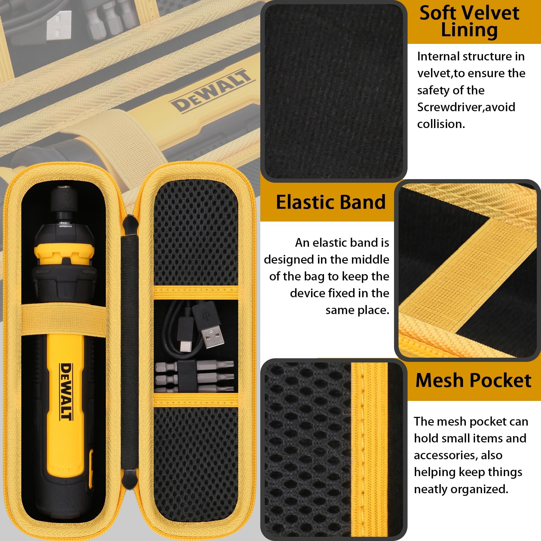 Stretch mesh pocket in Khanka case keeps bits and cables organized