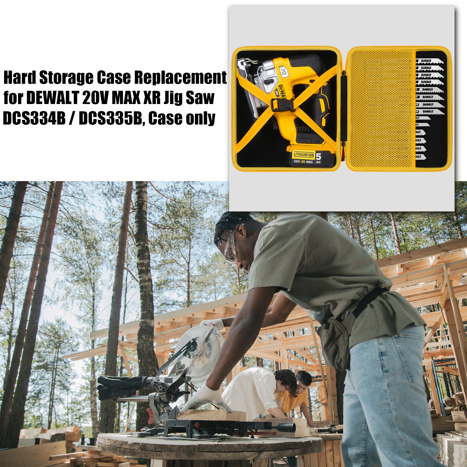 Khanka DeWalt jigsaw case mesh pocket keeps blades and batteries organized.
