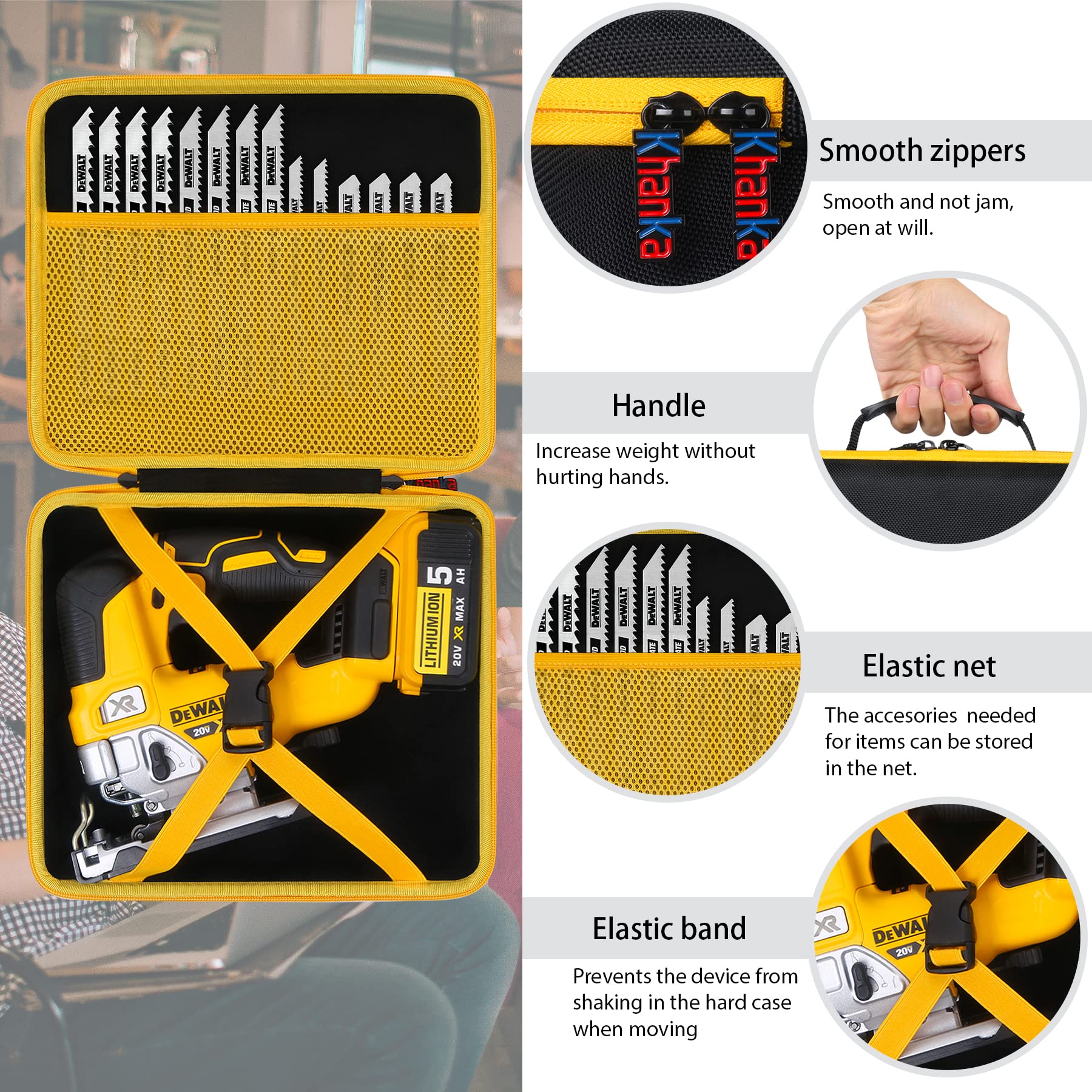 Khanka DeWalt jigsaw case sturdy handle for easy carrying on job sites.