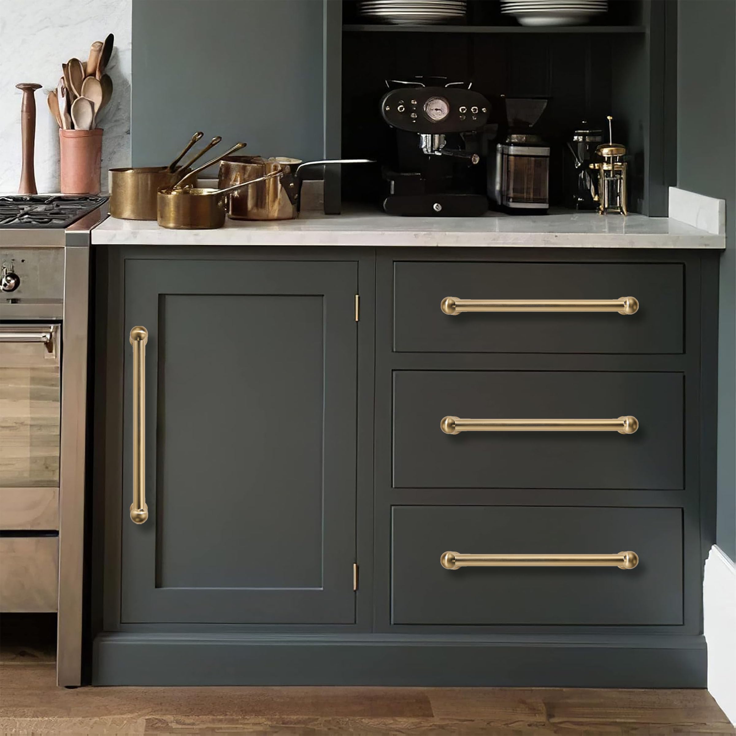 khtumeware brushed brass drawer pull on a dresser demonstrates cohesive styling
