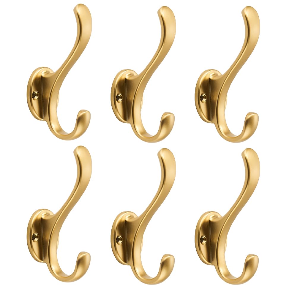 Khtumeware brushed gold coat hooks 6-pack on wall for sturdy entryway organization