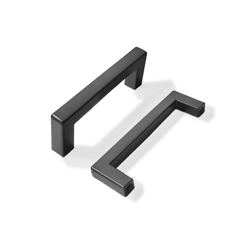 Khtumeware matte black cabinet pull front view shows slim square design for modern cabinetry.