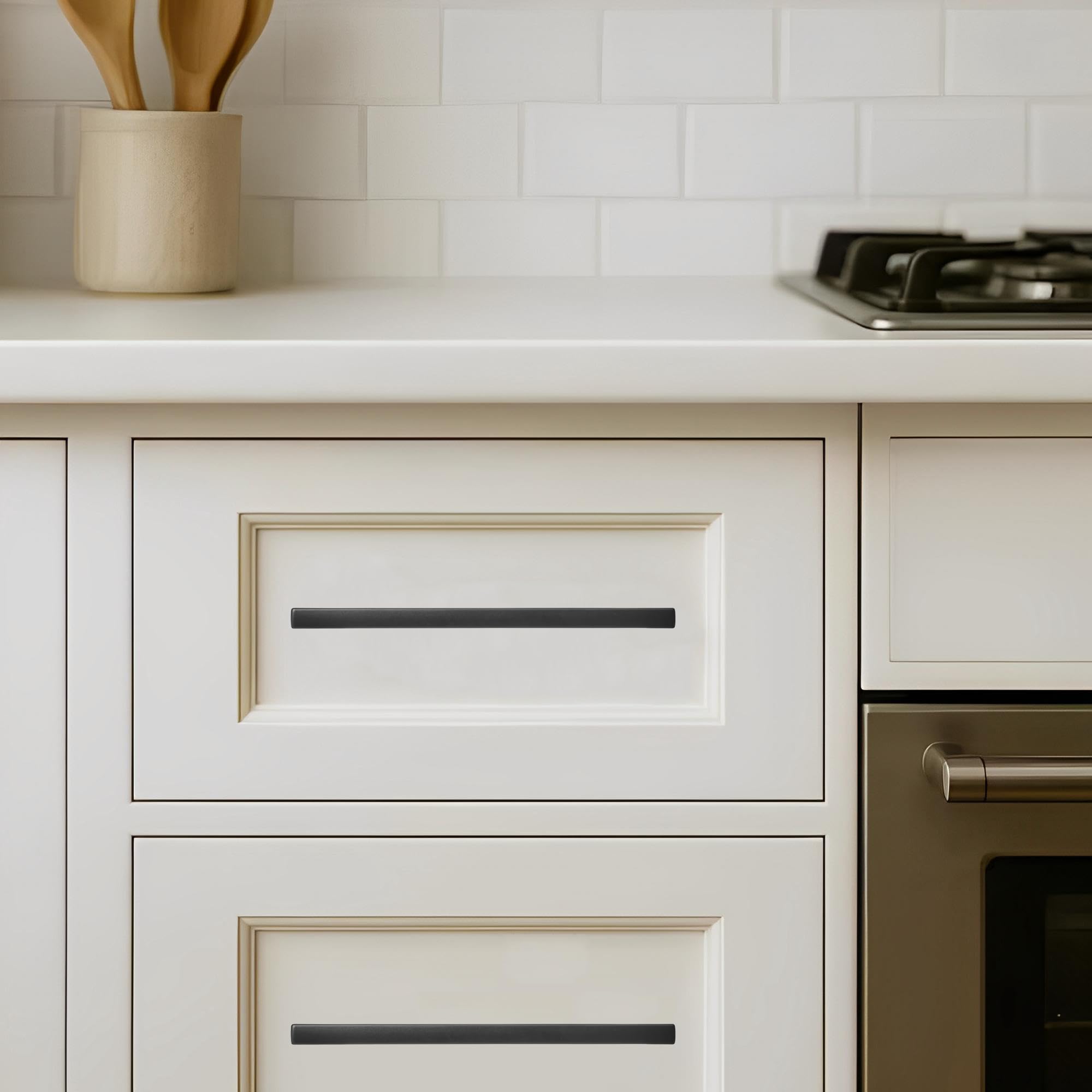 Khtumeware 30-pack matte black pulls ideal for updating multiple cabinets quickly.