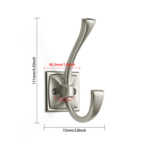 Close-up of brushed nickel finish on Khtumeware wall hooks.