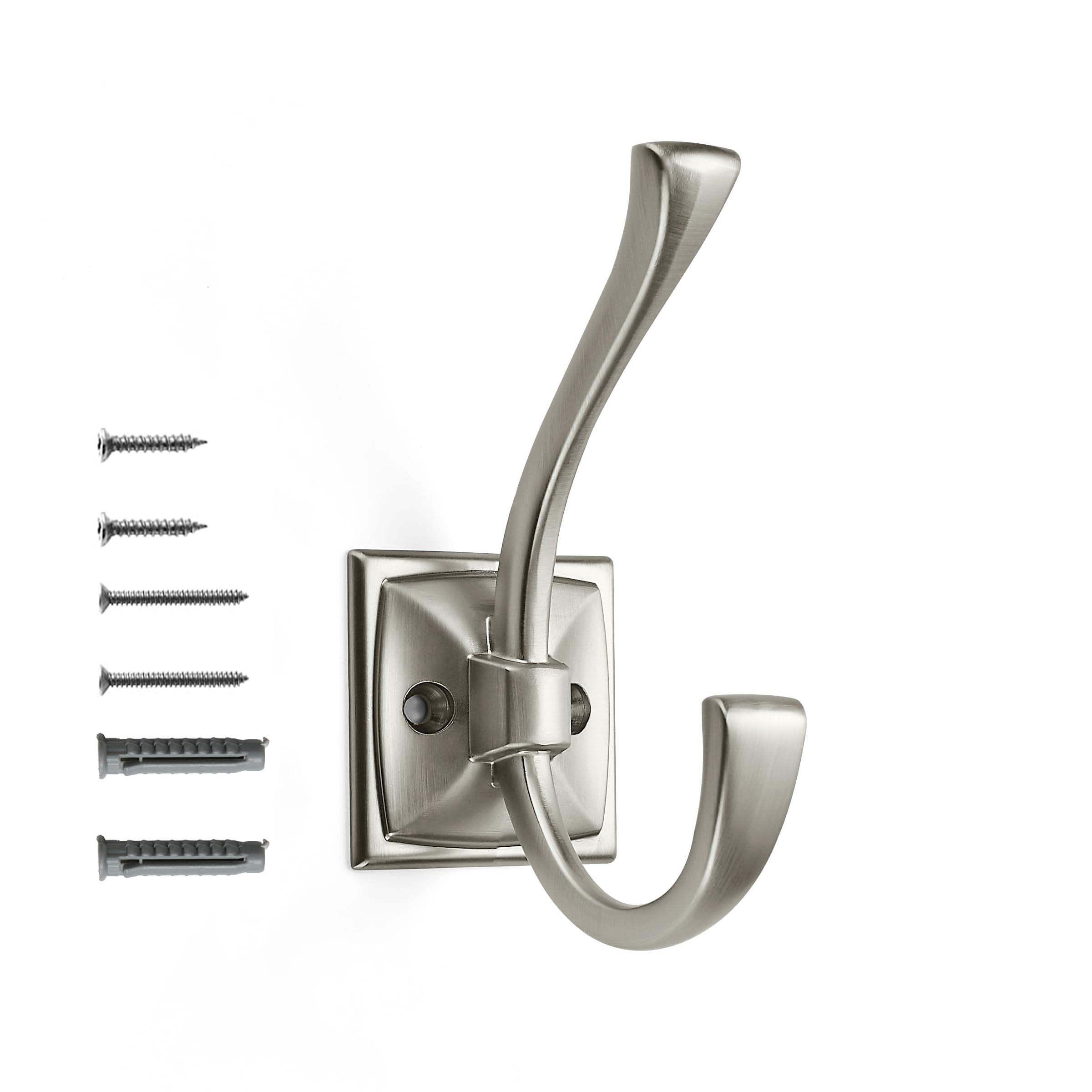 Khtumeware wall hooks in brushed nickel organize coats and accessories.