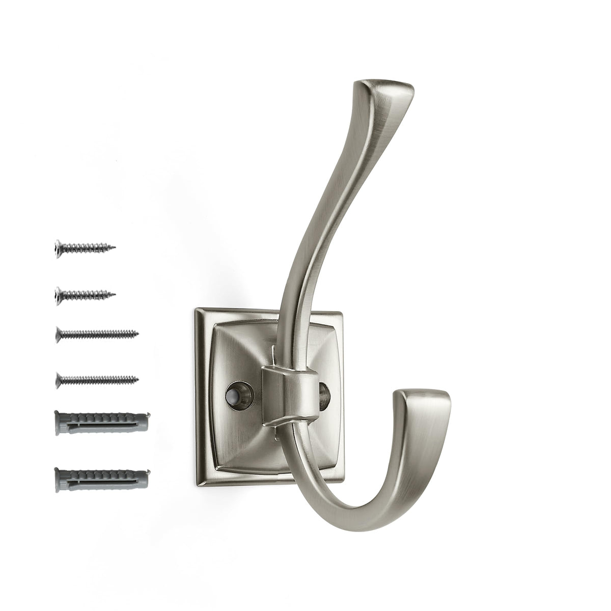 Khtumeware wall hooks in brushed nickel organize coats and accessories.