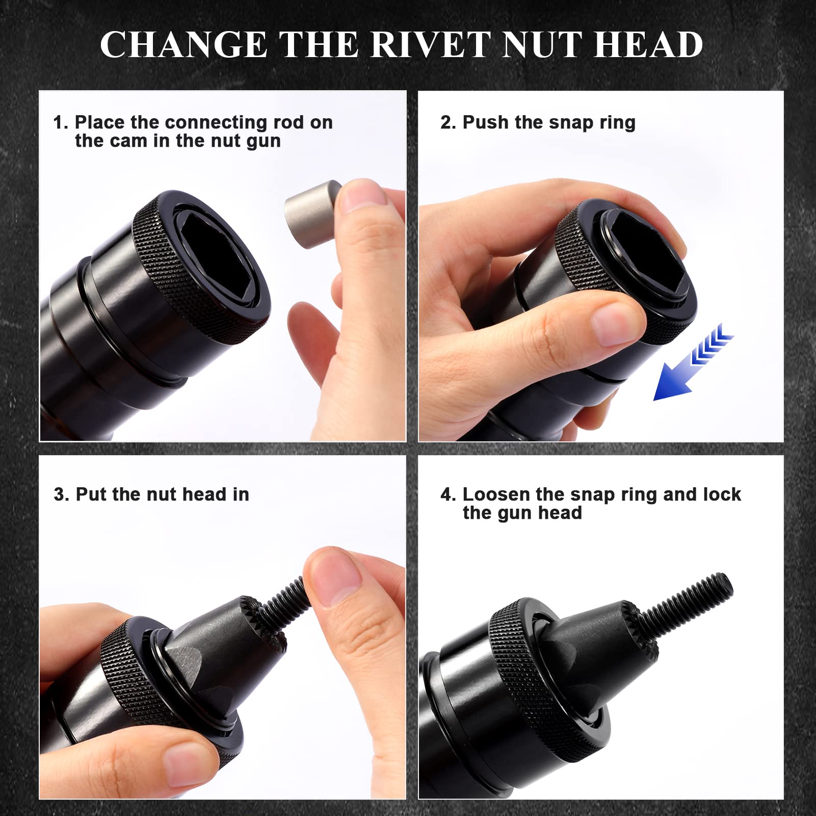 KIARUO rivet nut gun complete kit includes essential heads for fast changes.