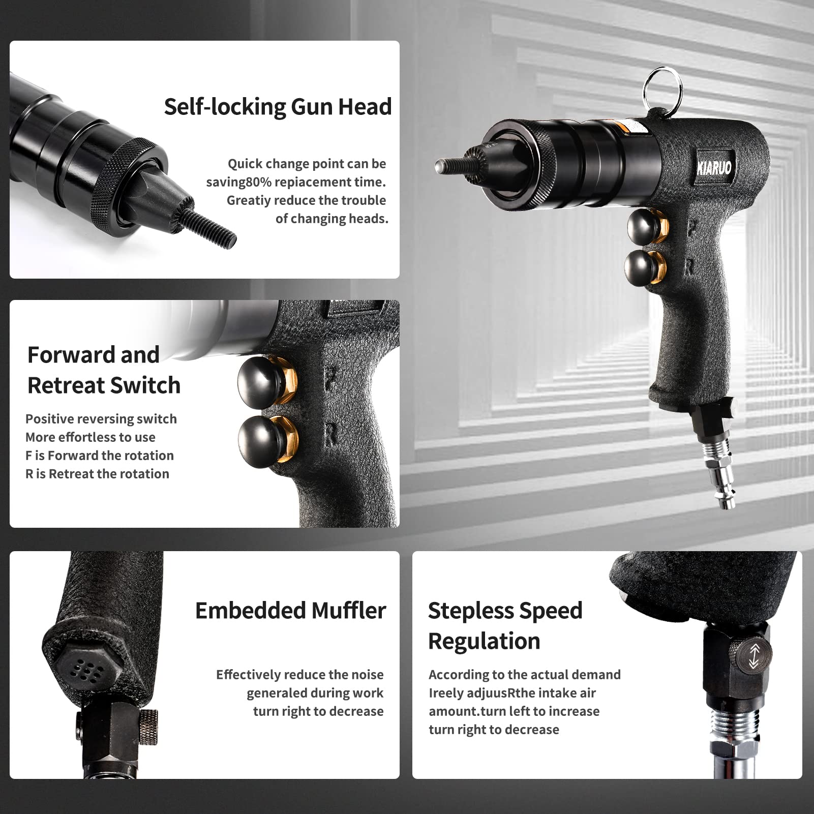 KIARUO rivet nut gun with built-in muffler reduces workplace noise.