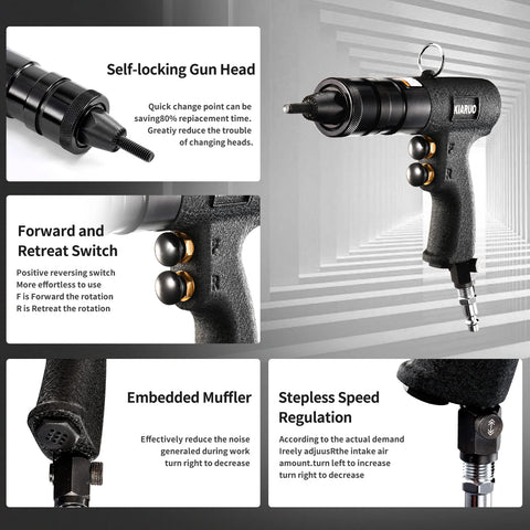 KIARUO rivet nut gun with built-in muffler reduces workplace noise.