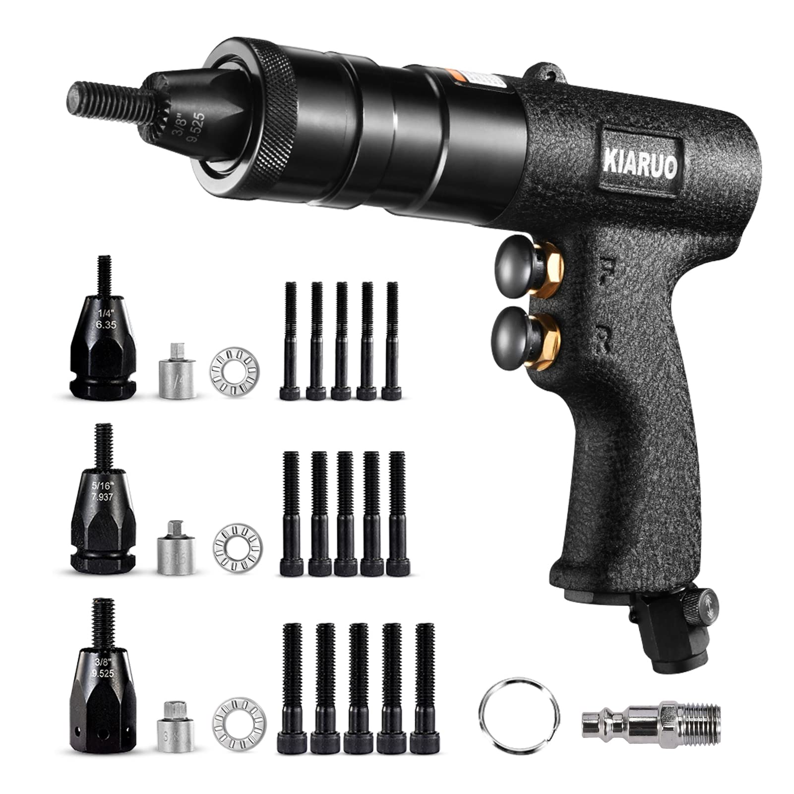 KIARUO rivet nut gun with self-locking head for fast mandrel changes and less downtime.