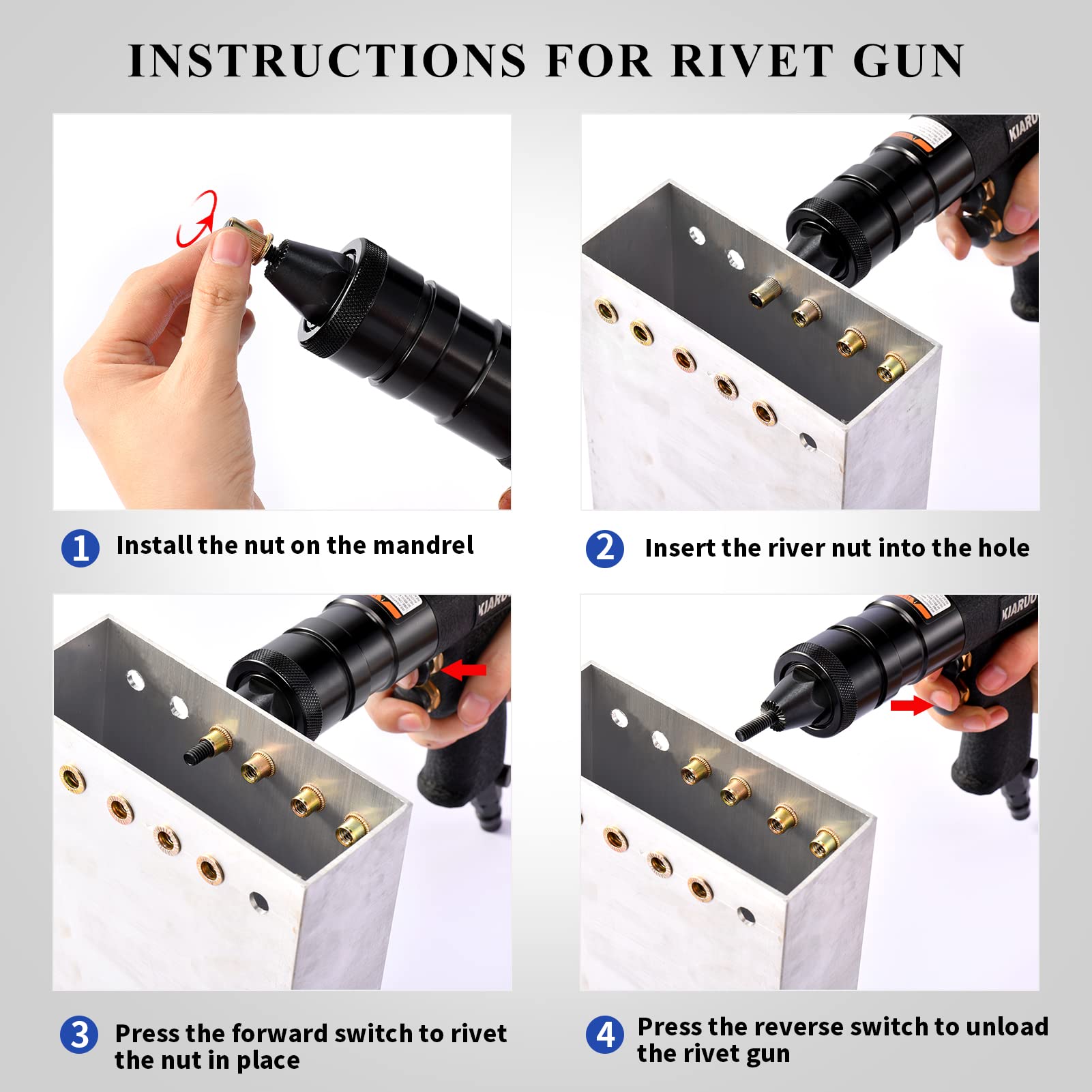 KIARUO rivet nut gun reinforced steel rod ensures durability and accuracy.