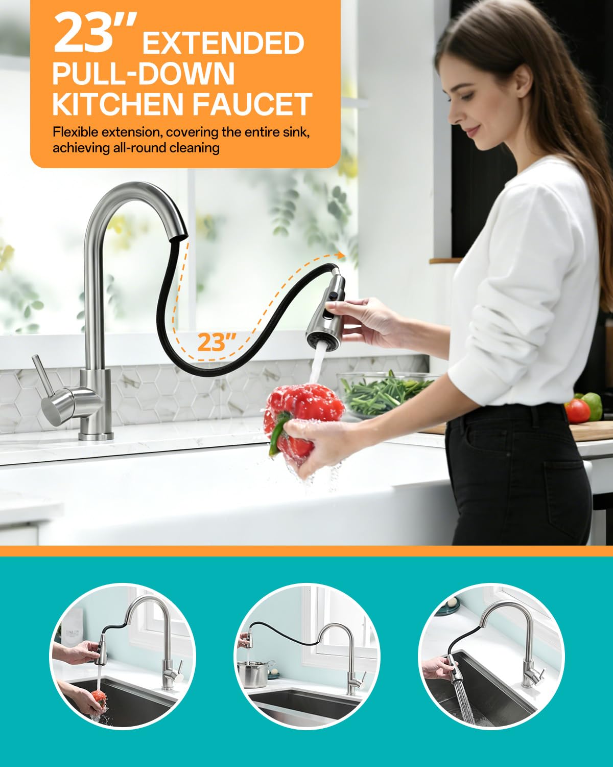 3 in 1 spray head switches between spray, stream, and pause