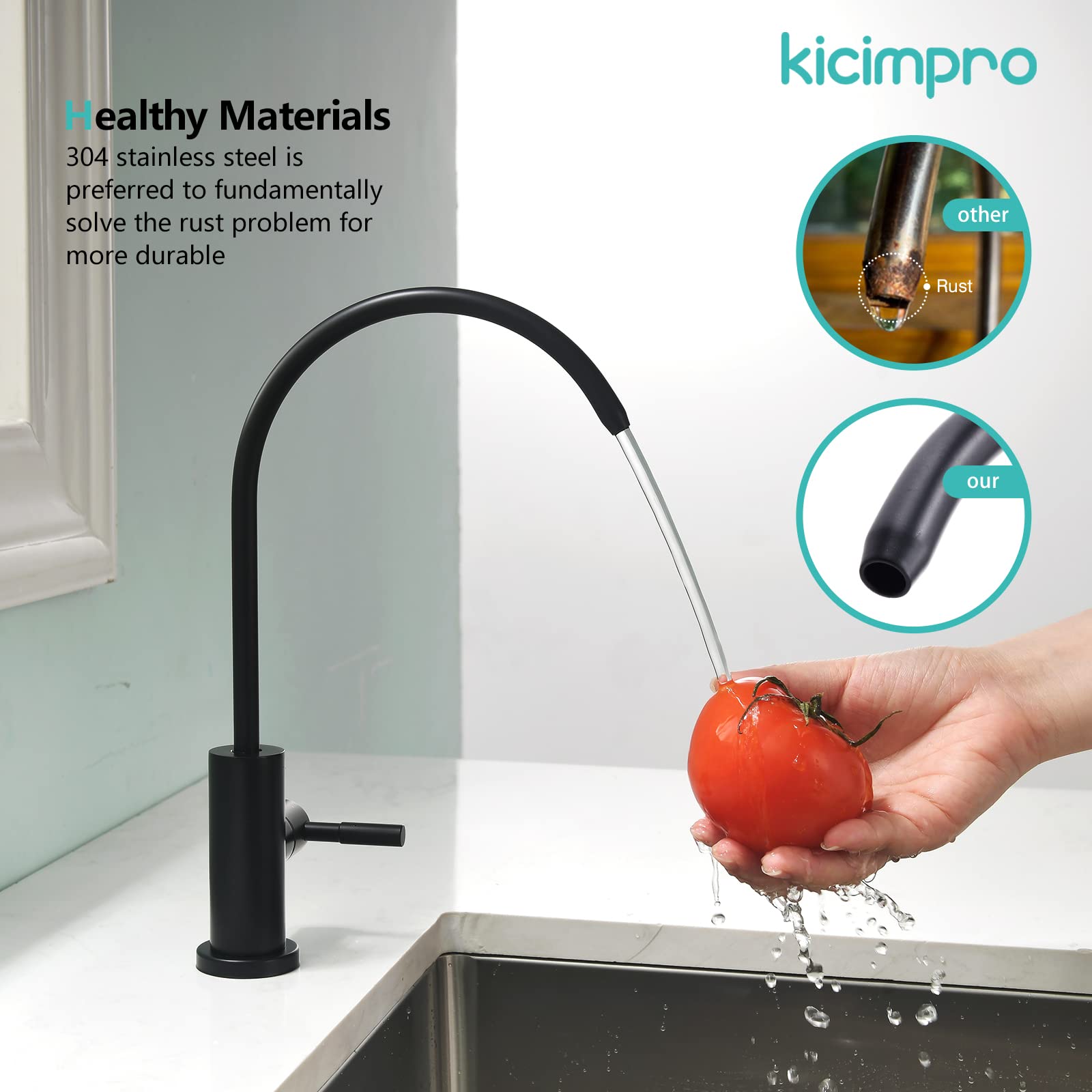 Kicimpro RO faucet in use shows compact, splash-free setup.