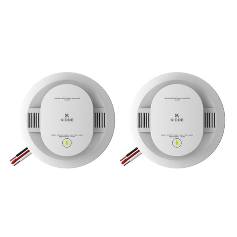 Kidde 2-pack hardwired detector front view with status LEDs for protection