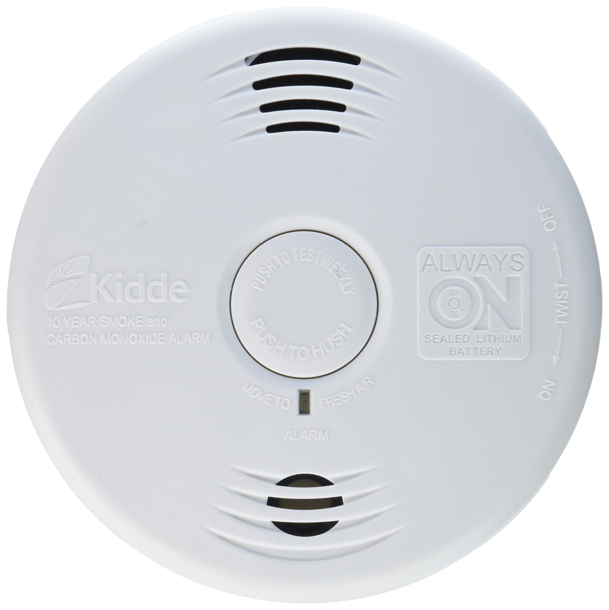 Kidde 21026065 smoke and CO alarm on wall with dual sensors for fast detection.