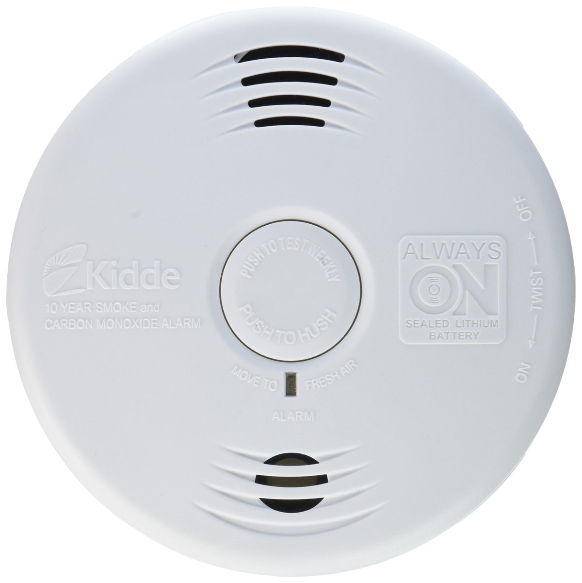 Kidde 21026065 smoke and CO alarm on wall with dual sensors for fast detection.