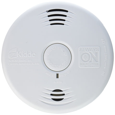 Kidde 21026065 smoke and CO alarm on wall with dual sensors for fast detection.