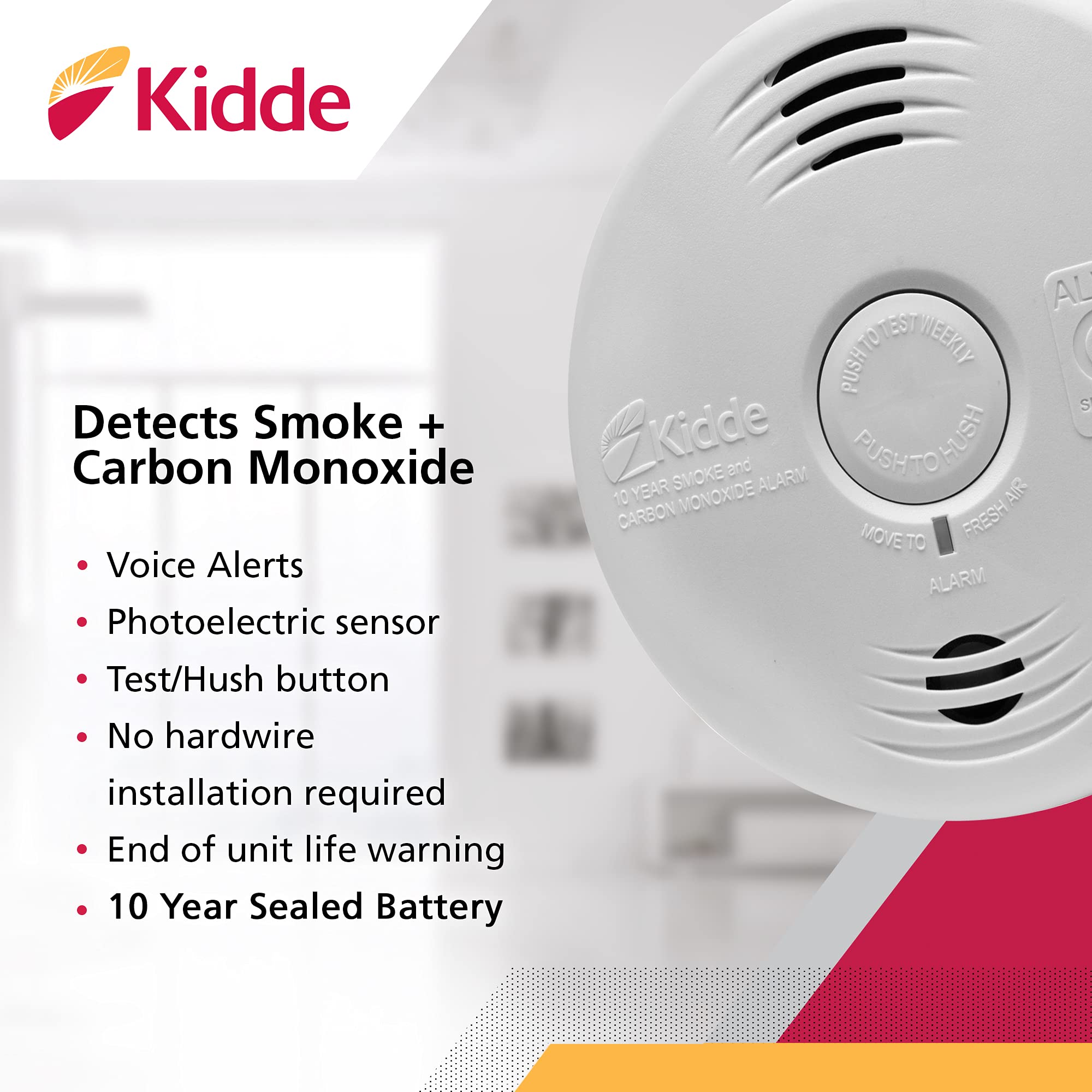 Kidde 21026065 voice warning announces Fire or CO hazards clearly.